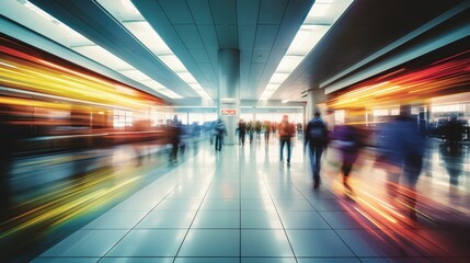 Photo, People waiting at the airport, Abstract motion blurred people passing by, long exposure
