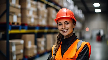 Fotobehang Young woman as apprentice in training in logistics profession with safety helmet © Sasint