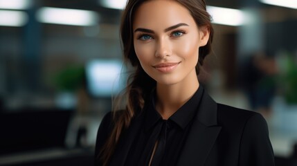 Fototapeta premium Photo of a beautiful smiling airport employee at the passenger check-in counter in a business suit