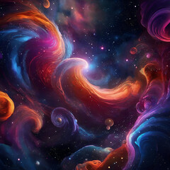 A digitally rendered cosmic background with swirling nebulae in vibrant, otherworldly hues.
