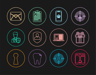 Set line Coffee machine and cup, Gift box, Shopping basket on mobile, User protection, Envelope with Valentine heart, Laptop dental card and Clipboard icon. Vector