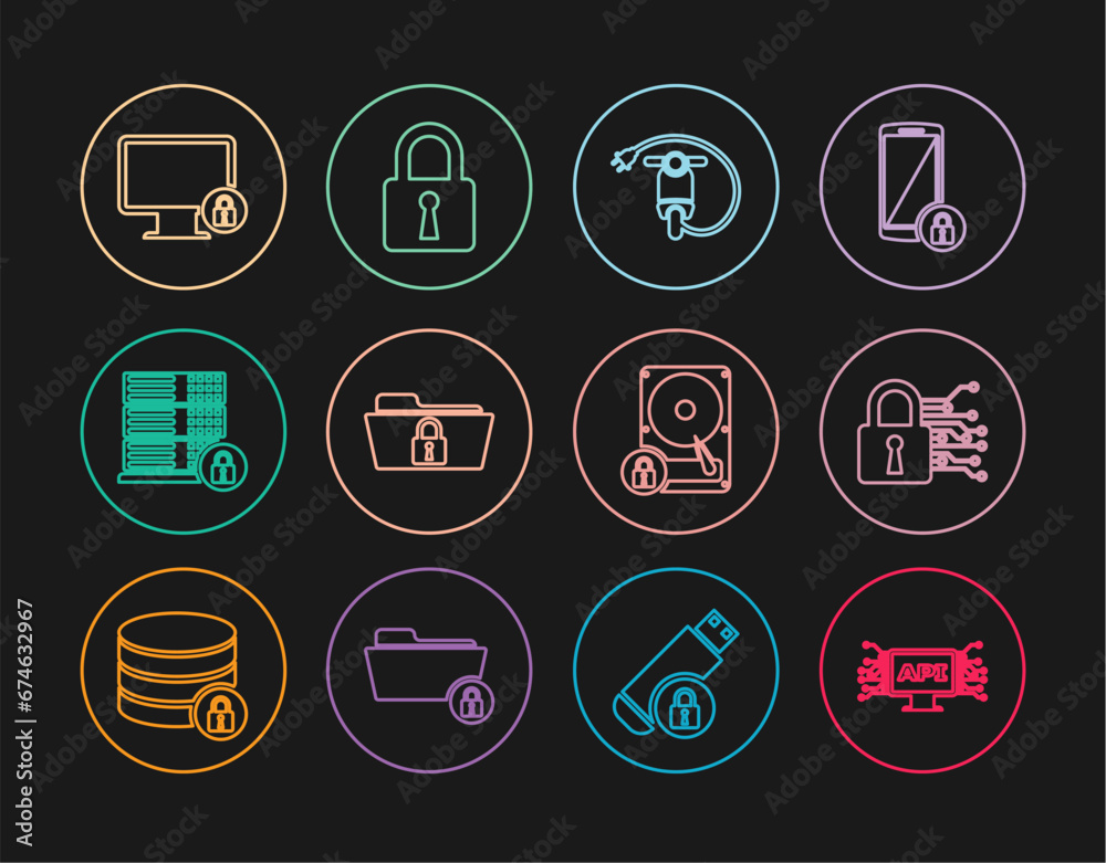 Poster set line computer api interface, cyber security, electric scooter, folder and lock, server with, loc