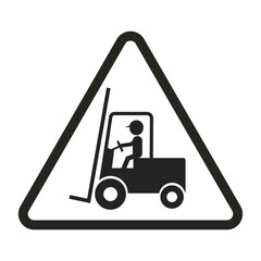Triangle safety sign icon of black pictogram forklift with fork, wheel, steering wheel, for industrial vehicle caution alert 