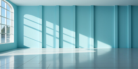 Bright Teal blurred background image, white tones with a play of light and shadow on the wall
