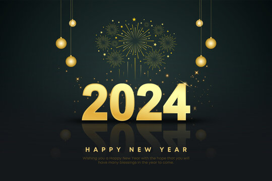 Happy New Year 2024 Golden Assistance. With unique and luxurious numbers with fireworks. Premium vector design for posters, banners, calendar and greetings.