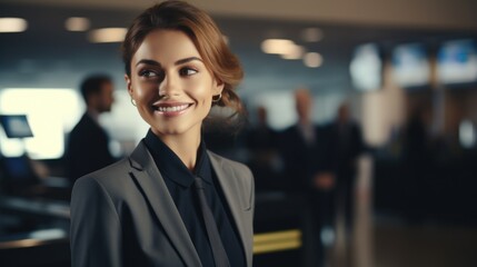 Fototapeta premium Photo of a beautiful smiling airport employee at the passenger check-in counter in a business suit