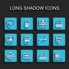 Set line Smart car alarm system, Laptop with password, Shield and eye, Wifi locked, Digital door wireless, Mobile, VPN and Bezier curve icon. Vector