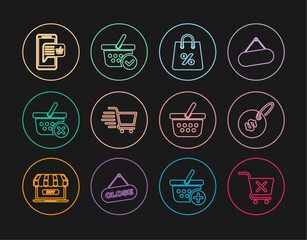 Set line Remove shopping cart, Price tag with dollar, Shopping bag percent, basket, Mobile and, and check mark icon. Vector