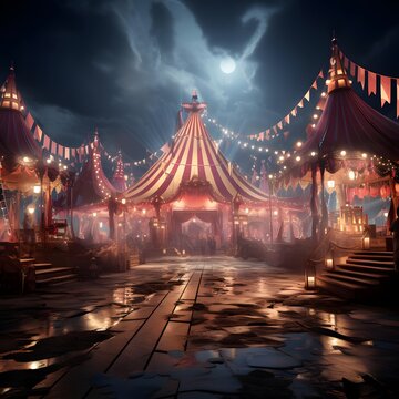 Circus tent at night. 3D illustration. Copy space.