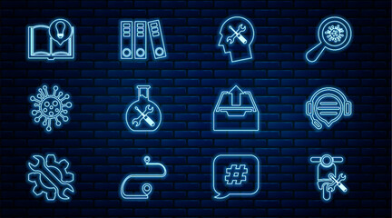 Set line Scooter service, Headphones with speech bubble chat, Human head, Bioengineering, Bacteria, Interesting facts, Upload inbox and Office folders icon. Vector