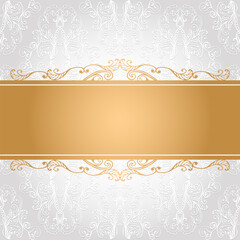 Vintage luxury vector background. Golden decorated ribbon on seamless damask pattern. Template for your design