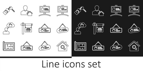Set line Search house, Hanging sign with Open, Man dreaming about buying, House key, For Rent and Realtor icon. Vector