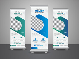 Using geometric shapes and vector AI, this modern professional medical healthcare roll-up banner design uses a minimal standee banner template set for promotional purposes.