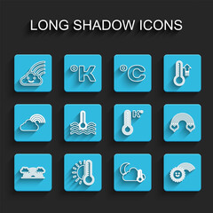 Set line Rainbow with clouds, Thermometer sun, and cloud, moon, Water thermometer, heart and Meteorology icon. Vector