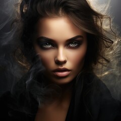 Fototapeta premium Close-up fashion portrait of a beautiful woman with smokey eyes and light smoke