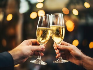 People holding glasses of champagne making a toast with blurred background