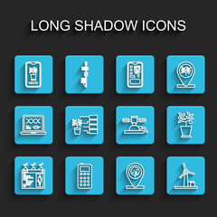 Set line Smart farming technology, Remote control, system, Location and tree, Wind turbine, Flower analysis, Plant pot and Automatic irrigation sprinklers icon. Vector
