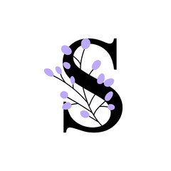 Floral alphabet, letter S with flowers and leaf. For invitations, greeting card, logo, poster and other design.