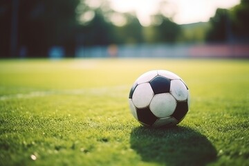 A soccer ball placed on a green field in a soccer stadium, ready for a game in front of the soccer goal