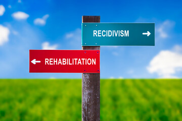 Fototapeta Recidivism or Rehabilitation - Traffic sign with two options - repeated criminality and sentencing of convicted criminal vs correction and reformation of former delinquent. obraz