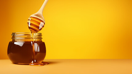 honey flowing from a wooden spoon on a yellow background with space for text. Made with generative ai - Powered by Adobe