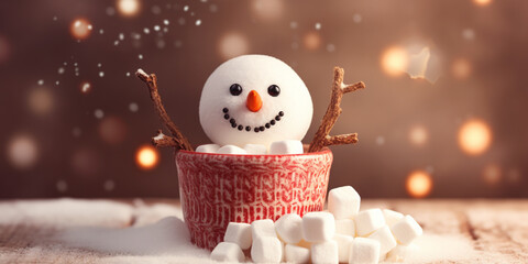 Marshmallow Snowman in Hot Cocoa or Hot Chocolate Drink with Melted Snowman. Cute Funny Christmas Breakfast Drink for Kids. Generative AI. - obrazy, fototapety, plakaty