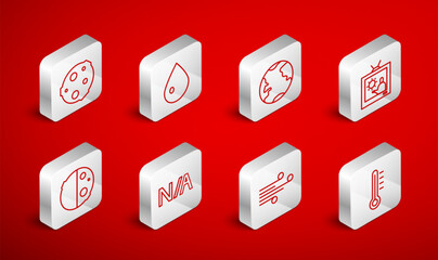 Set line Meteorology thermometer, Water drop, Earth globe, Weather forecast, Wind, Moon, Not applicable and Eclipse of sun icon. Vector