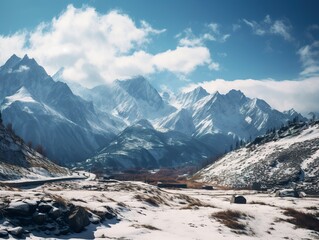 Pine trees on snow covered mountain Magical winter forest. Natural landscape with beautiful sky
