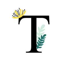 Floral alphabet, letter T with flowers and leaf. For invitations, greeting card, logo, poster and other design.