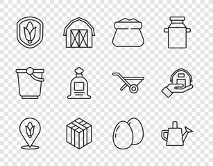 Set line Location corn, Watering can, Full sack, Bale of hay, Shield, Chicken egg and Farm house hand icon. Vector