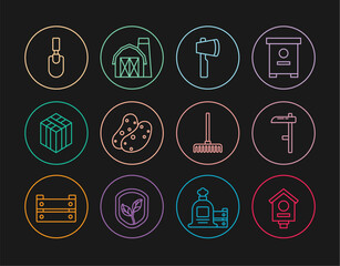 Set line Bird house, Scythe, Wooden axe, Potato, Bale of hay, Garden trowel spade or shovel, rake and Farm icon. Vector