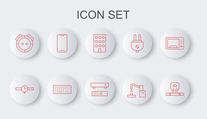 Set line Smart sensor, Wrist watch, House, Robotic robot arm hand factory, vacuum cleaner, Smartphone, Keyboard and Multimedia TV box icon. Vector