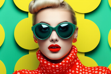 Cool Fashionable Women. DJ girl in neon colorful trendy jacket and vintage retro sunglasses,  style of 80s, 90s vibes, pop art, op art, disco party. Iconic fashion model on yellow color background.
