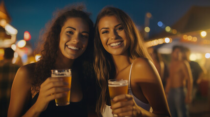 Cheerful women having fun at a beach party, drinking beer or cocktails. Beautiful girlfriends at a festival in the evening under the bright lights of garlands. Vacation concept.