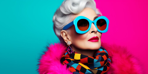 Cool Fashionable Older Women. DJ girl in neon colorful trendy jacket and vintage retro sunglasses,  style of 80s, 90s vibes, pop art, op art, disco party. Iconic fashion model.