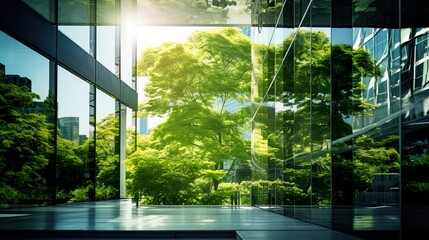 Eco-friendly building modern city sustainable glass building Ecology concept Office building with green environment