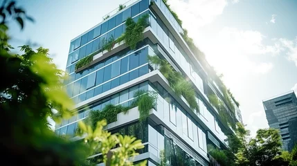 Tuinposter Eco-friendly building modern city sustainable glass building Ecology concept Office building with green environment © aporn