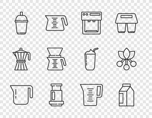 Set line Coffee pot, Bag coffee beans, machine, Aeropress, cup to go, Pour over maker, Jug glass with water and bean, branch icon. Vector