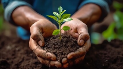 Plant in hands Environment famer hands holding soil outdoor Ecology concept