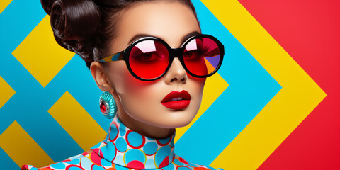 Cool Fashionable Women. DJ girl in neon colorful trendy jacket and vintage retro sunglasses,  style of 80s, 90s vibes, pop art, op art, disco party. Iconic fashion model on yellow color background. - obrazy, fototapety, plakaty