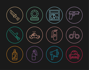 Set line Police car and flasher, Handcuffs, Broken window, rubber baton, Military knife, Fire extinguisher and Lying burning tires icon. Vector