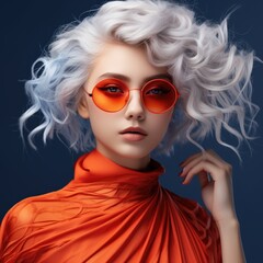 Fototapeta premium Close-up photo portrait of a beautiful charming woman in bright, beautiful clothes. Style, beauty and fashion concept