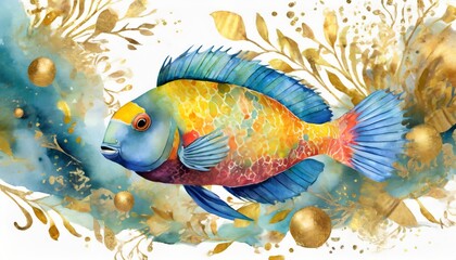 watercolor style parrotfish swimming surrounded by gold elements. no.2