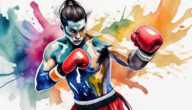 Water color style Thai boxing with colorful soft paint splash in the back. no. 1