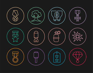 Set line Parachute, Bomb explosion, Binoculars, Rocket launcher, Military reward medal, Hand grenade and Nuclear icon. Vector