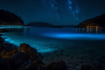 An exotic, bioluminescent bay at night, with water glowing with a mysterious blue ligh