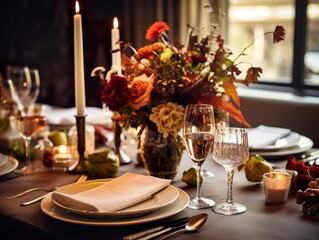 Dinner table setting for Thanksgiving dinner in a restaurant Traditional Thanksgiving turkey dinner.