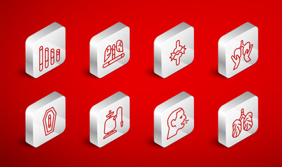 Set line Disease lungs, Joint pain, knee pain, Lungs, Man coughing, Smoking cigarette, Hookah and Death from smoking icon. Vector
