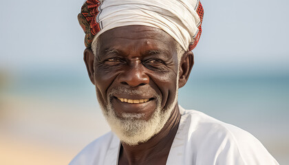 Portrait of a black man with a white beard on the beach - obrazy, fototapety, plakaty