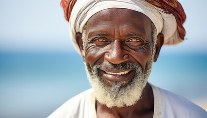 Portrait of a black man with a white beard on the beach - obrazy, fototapety, plakaty